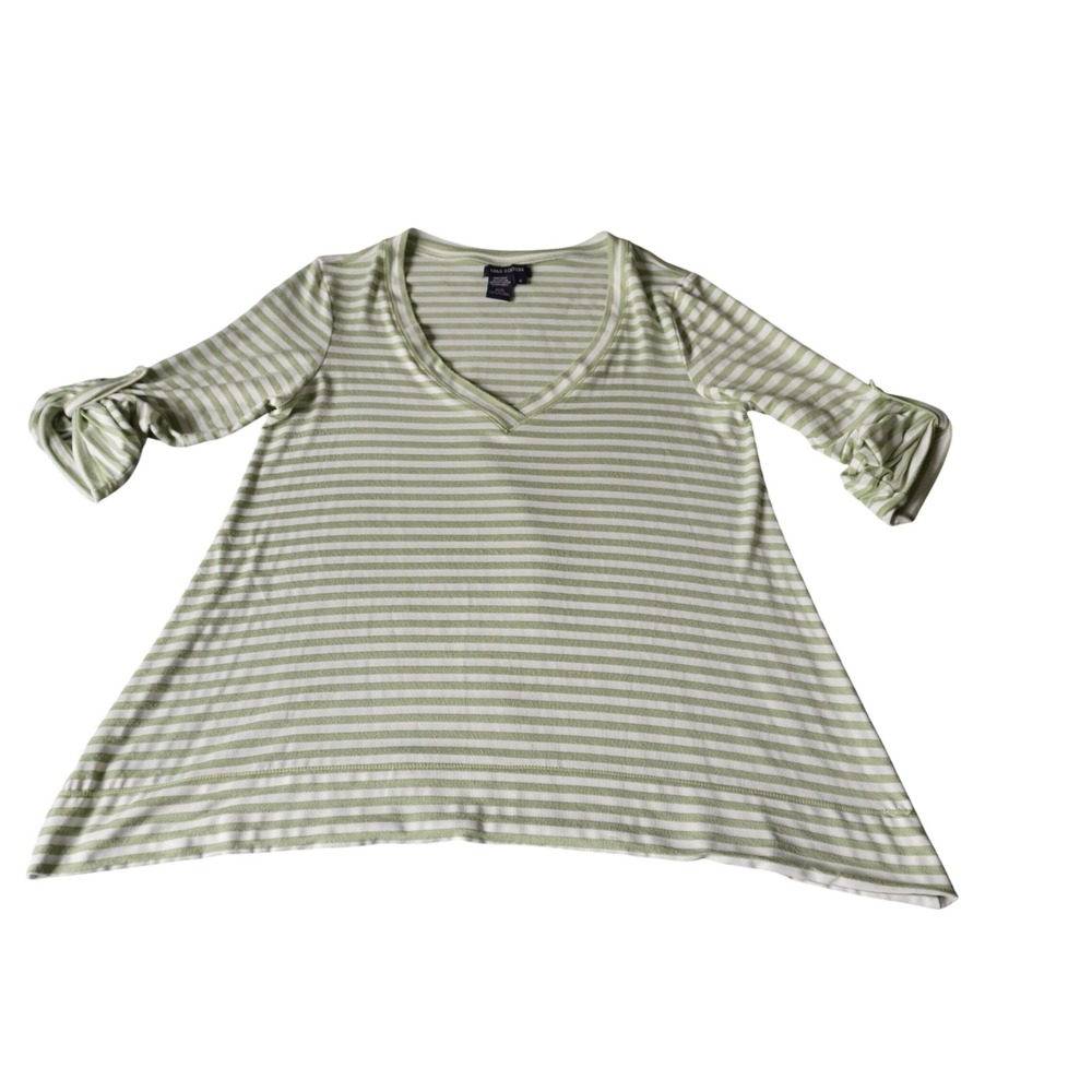 Max Edition Striped V Neck Tunic Top Womens Small Green‎ White Ruched Sleeve